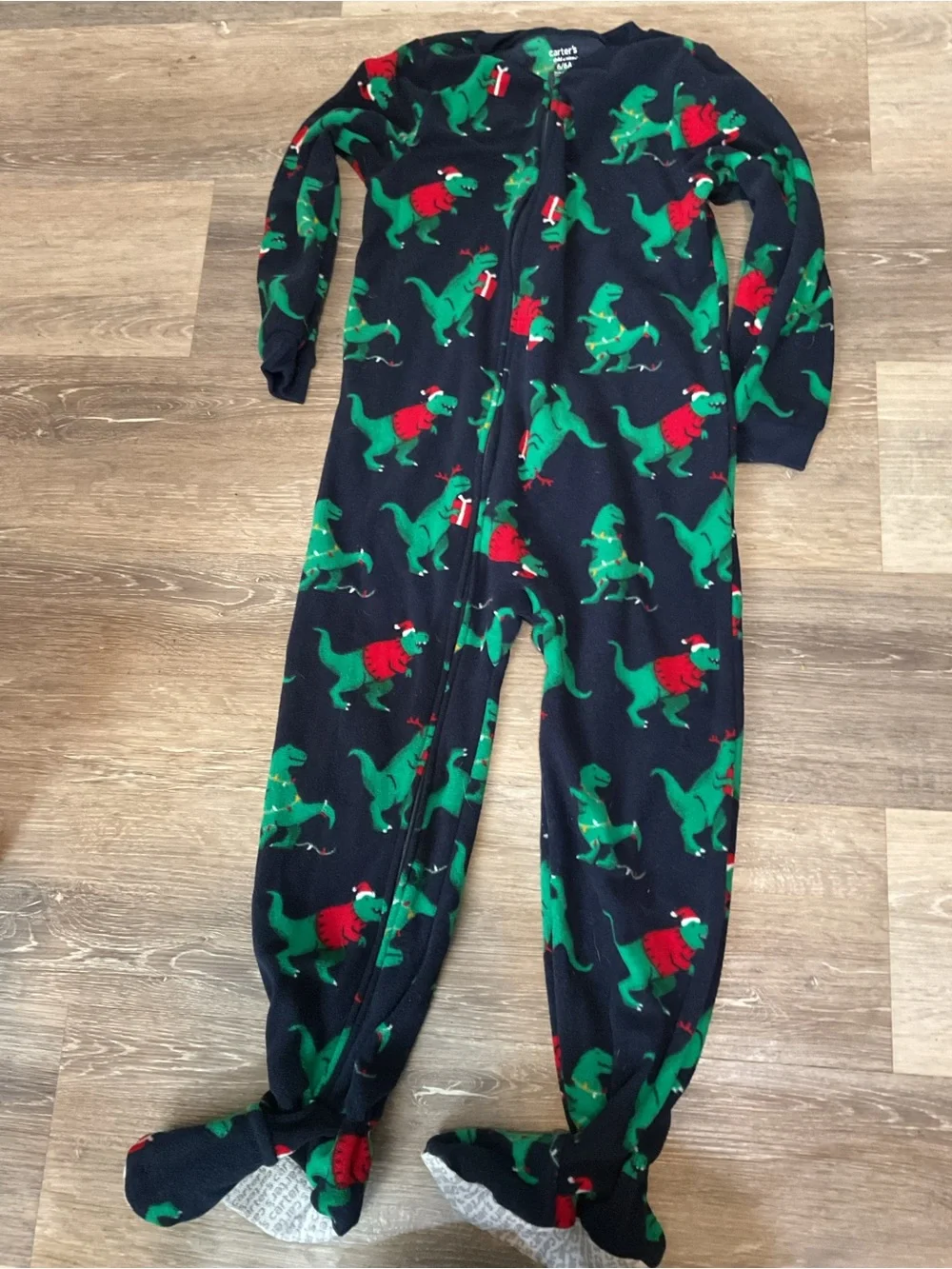 Carter's Navy One-Piece Footed Pajamas with Green Dinosaur Print and Red Accents